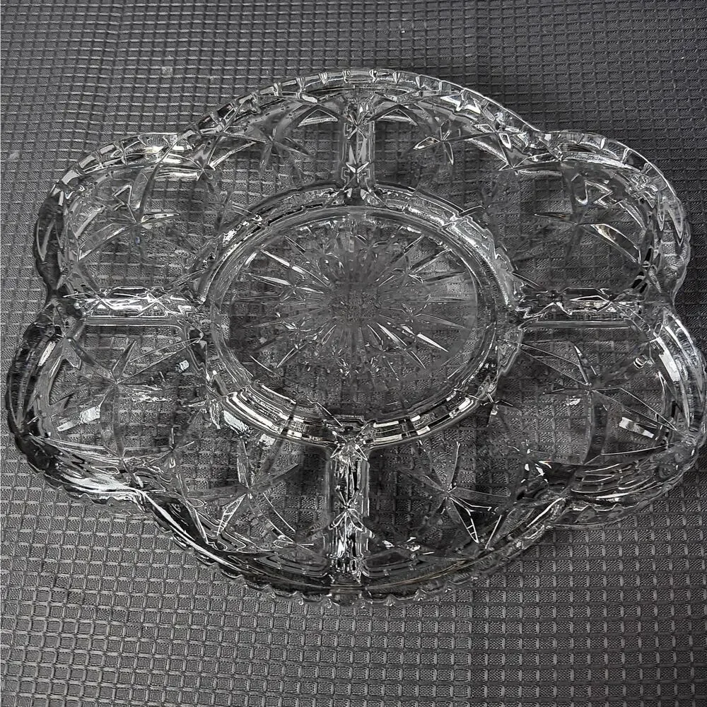Laura Glass Tiffany Pattern 5 Section Divided Crystal Platter Tray Portugal